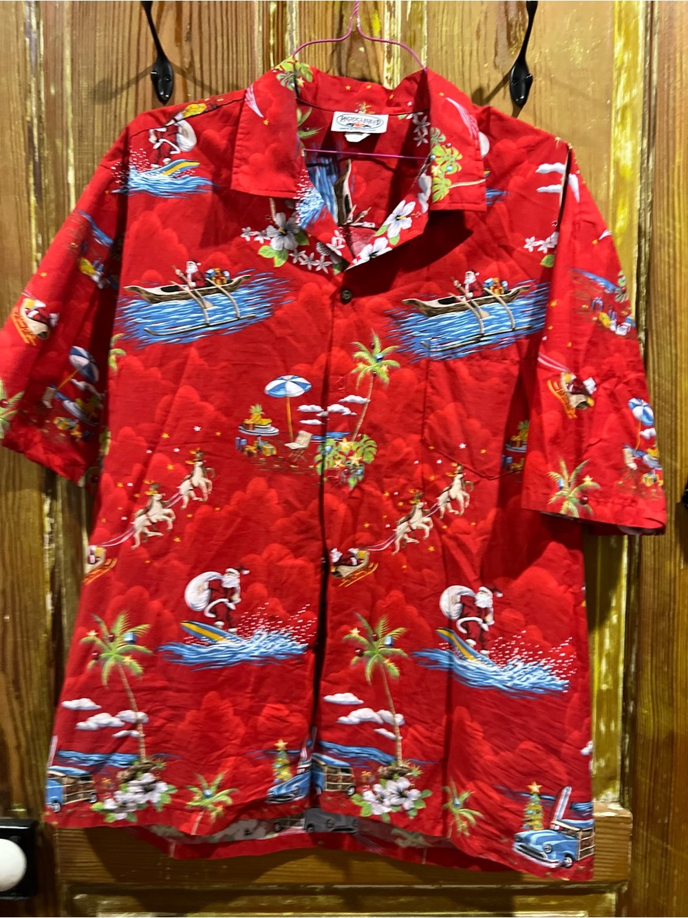 Red Hawaiian Shirt with Surfing Santa Print